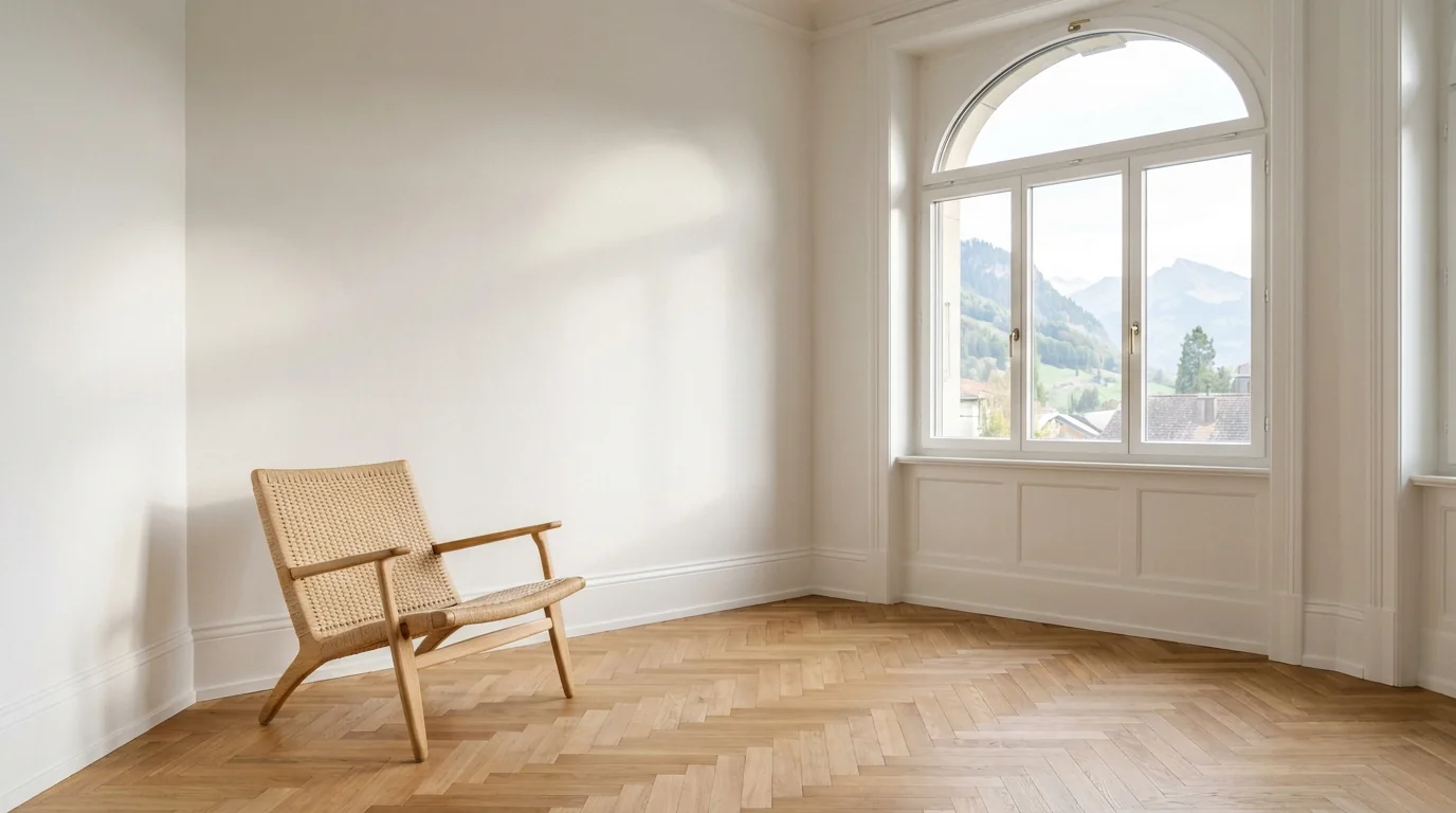 Appartement rénové : murs plâtrés blancs et parquet en chevrons