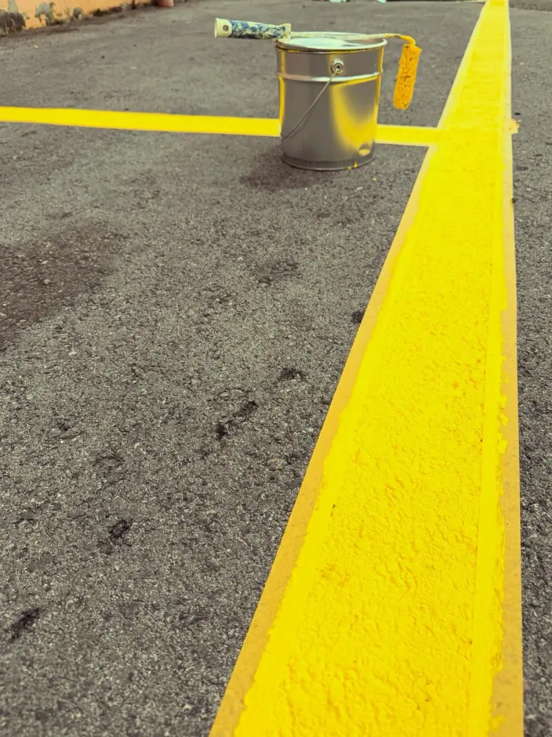 Ligne jaune fraîche tracée au rouleau, pot de peinture posé à côté